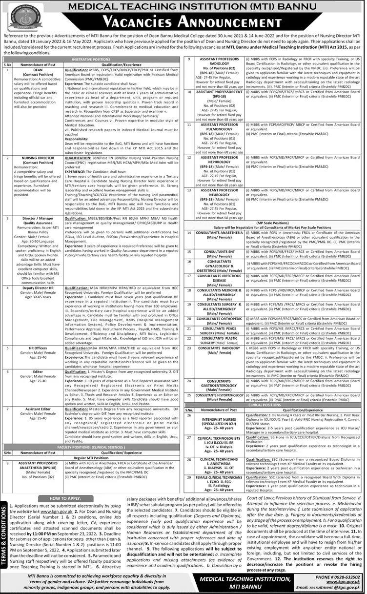 Jobs in Medical Teaching Institute MTI Bannu – Medical Teaching Institution Bannu Jobs 2022 — original advertisement