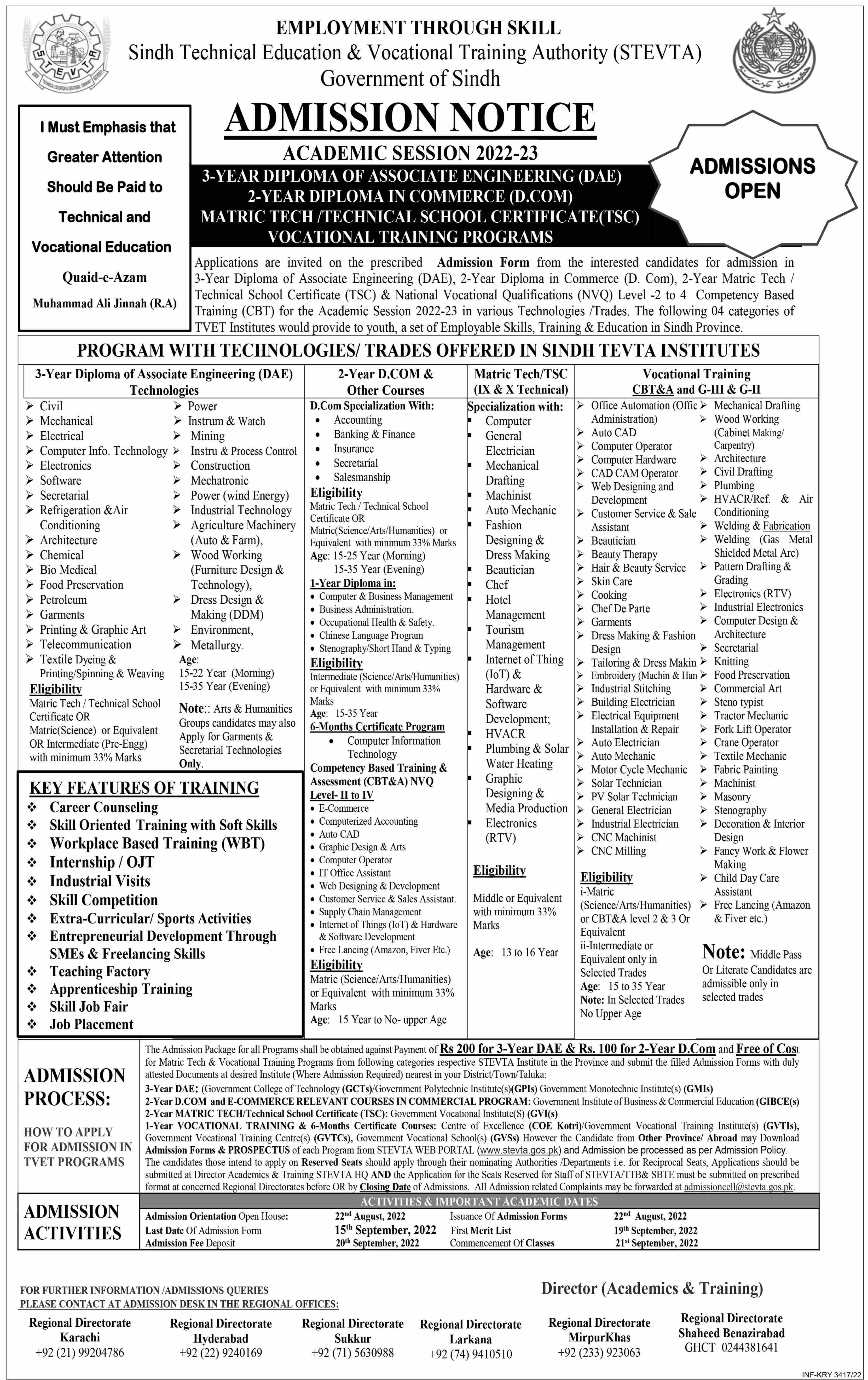 Admission in Sindh Technical Education & Vocational Training – Sindh Technical Education and Vocational Training Authority Admissions 2022 — original advertisement