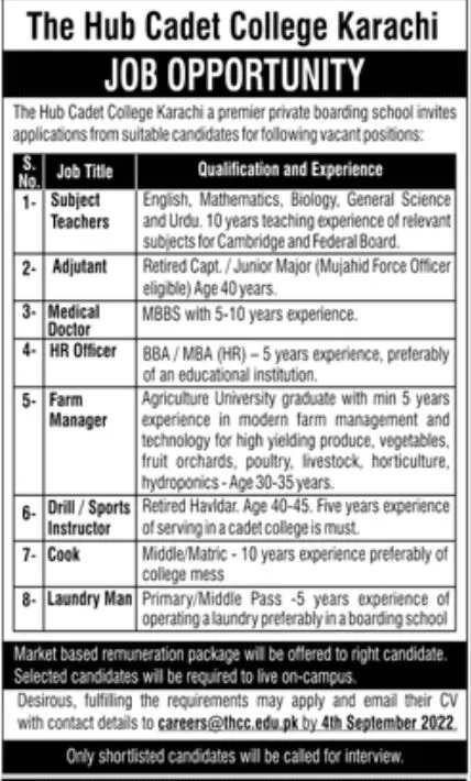 Jobs in Hub Cadet College Karachi Jobs 2022 — original advertisement