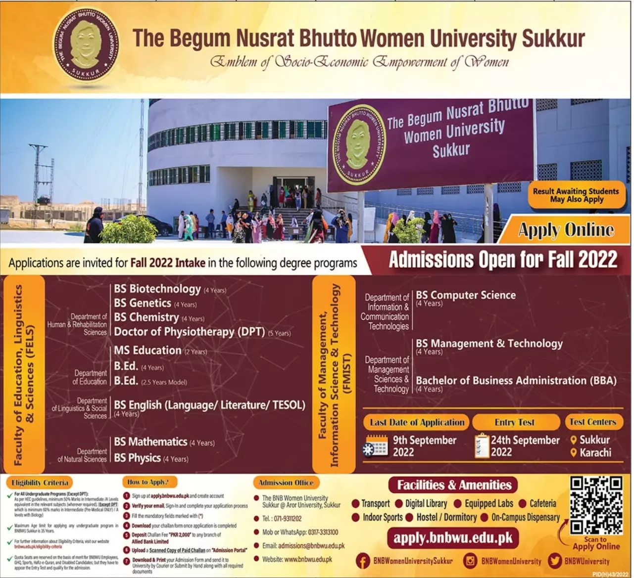 Admission in Begum Nusrat Bhutto Women University Sukkur Admissions 2022 — original advertisement