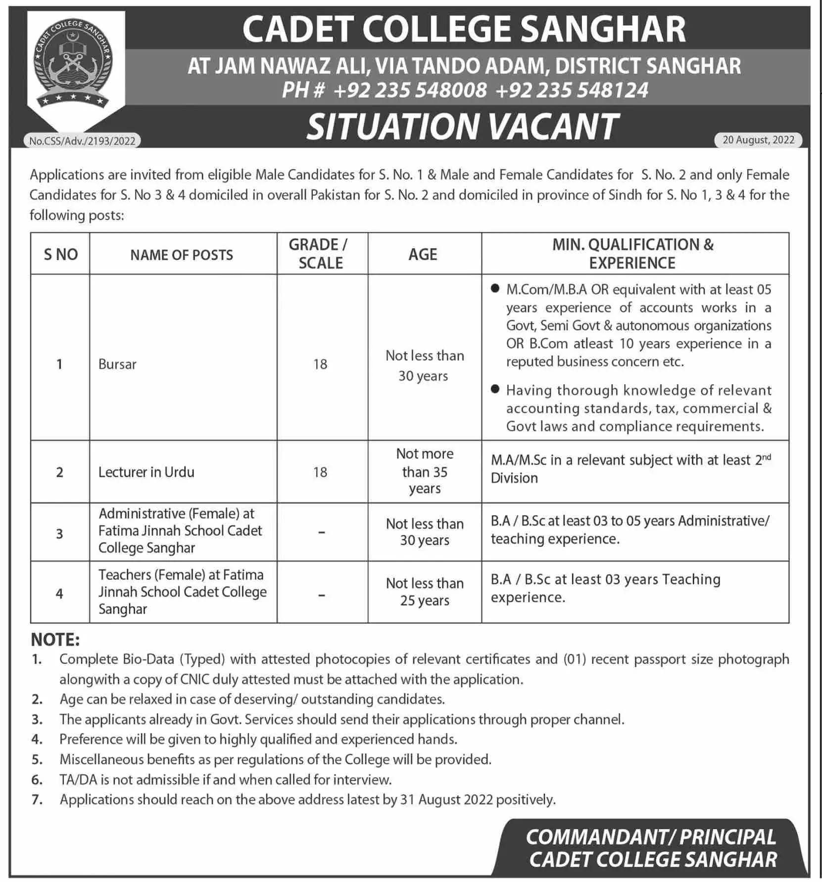 Jobs in Cadet College Sanghar Sindh Jobs 2022 — original advertisement