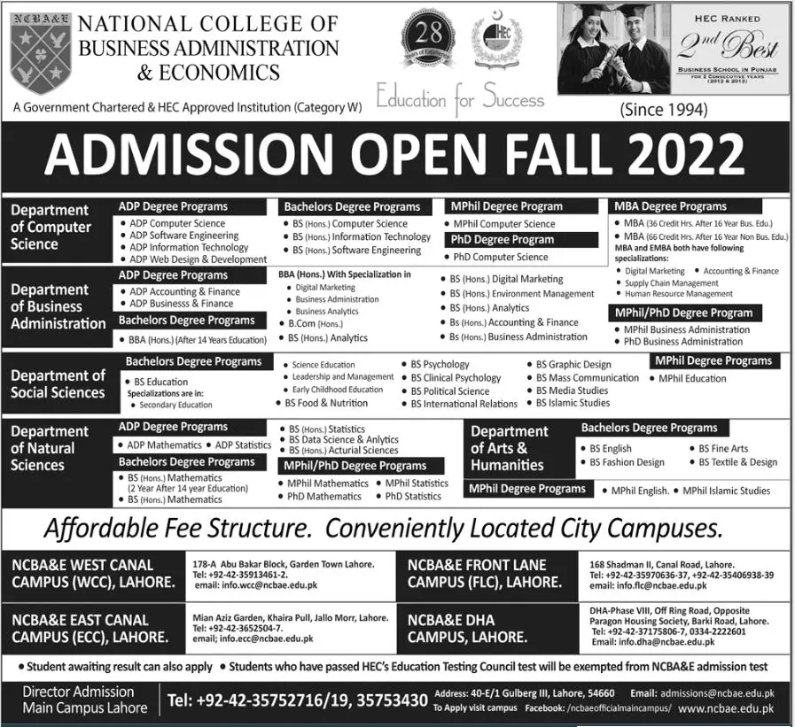 Admission in National College of Business Administration – National College of Business Administration & Economics Lahore Admissions 2022 — original advertisement