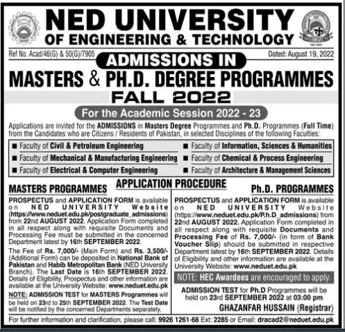 Admission in Ned University of Engineering & Technology – NED University of Engineering and Technology Admissions 2022 — original advertisement