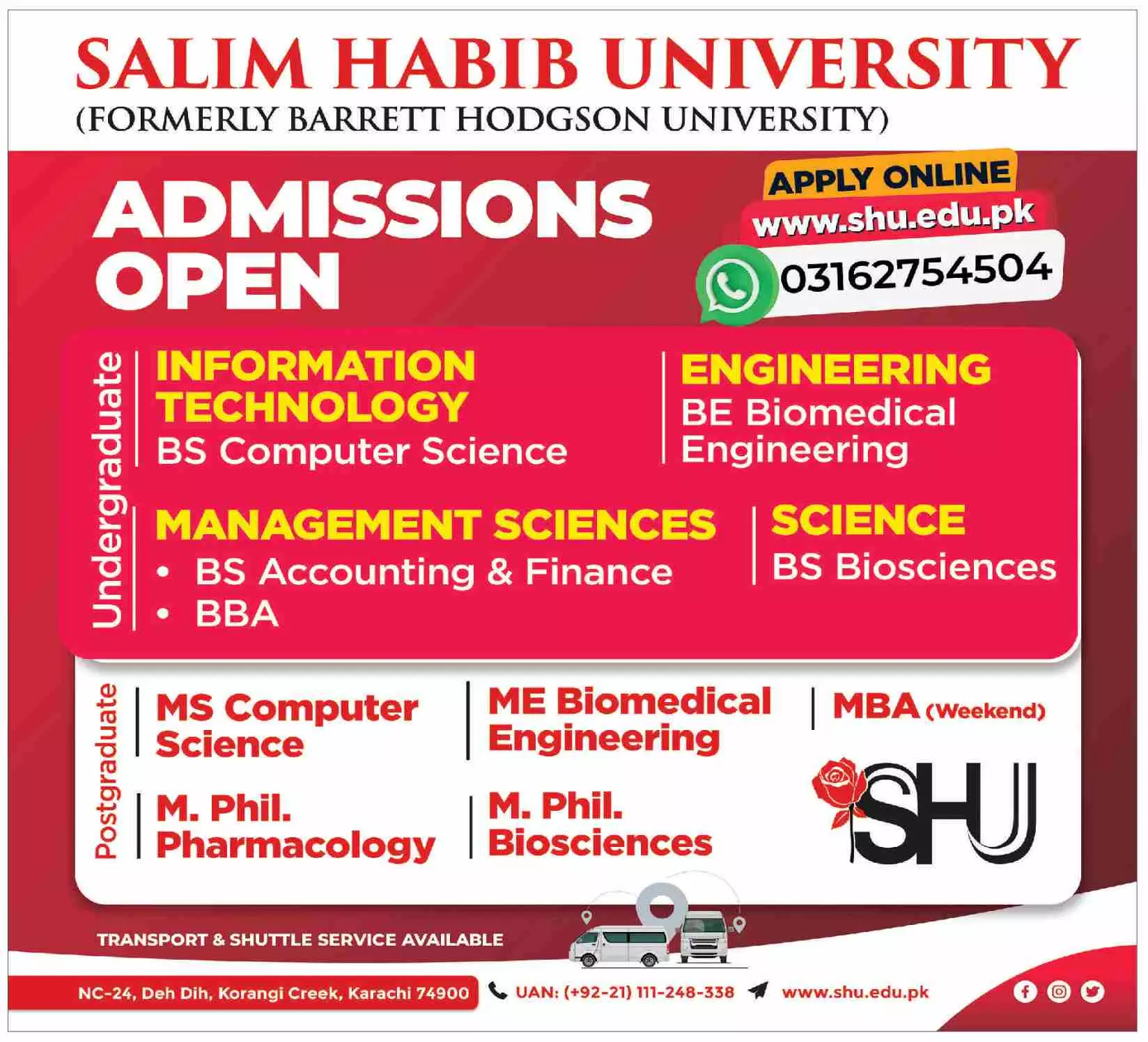 Admission in Salim Habib University Admissions 2022 — original advertisement
