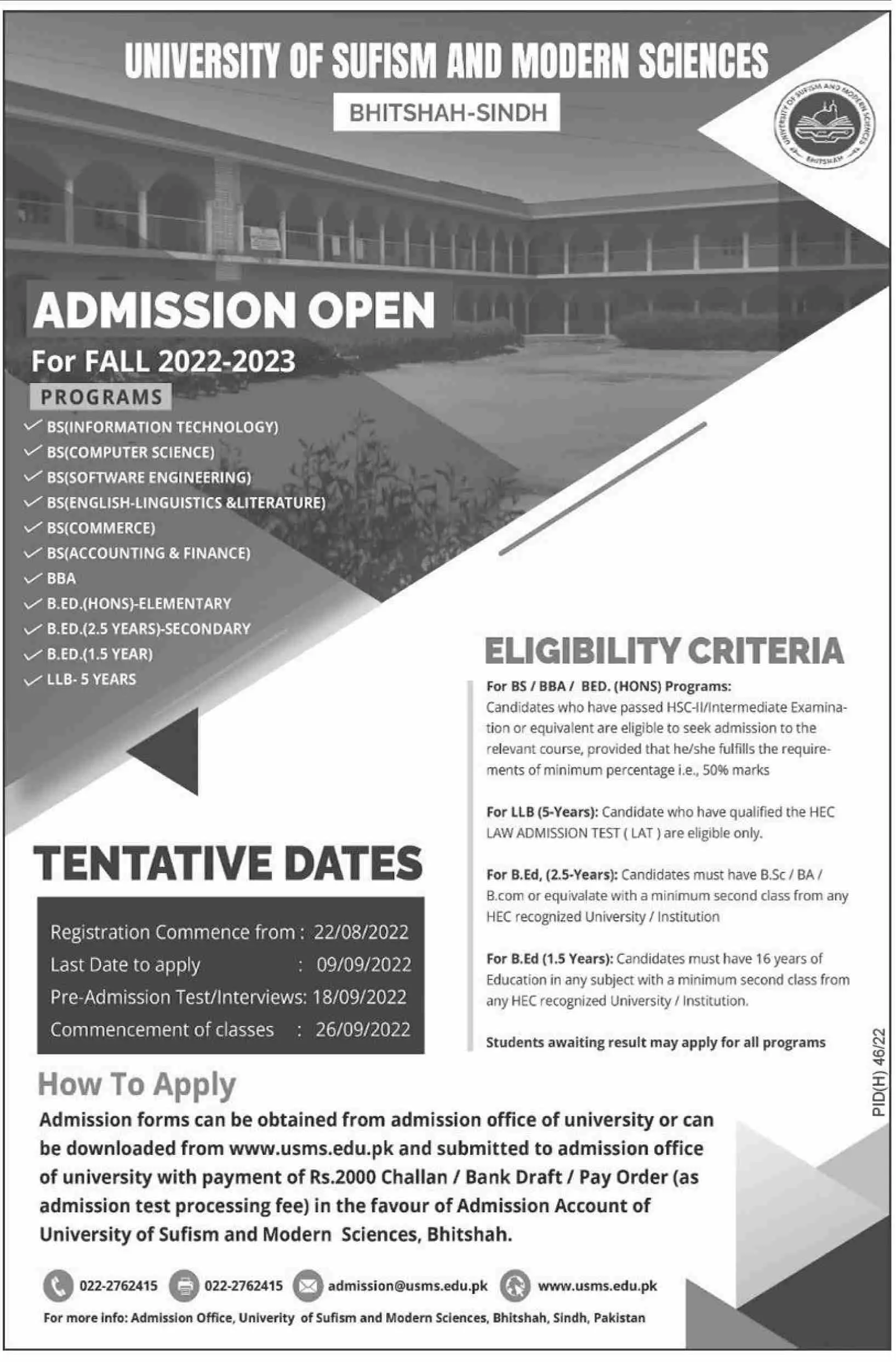Admission in University of Sufism and Modern Sciences – University of Sufism and Modern Sciences Bhitshah Admissions 2022 — original advertisement