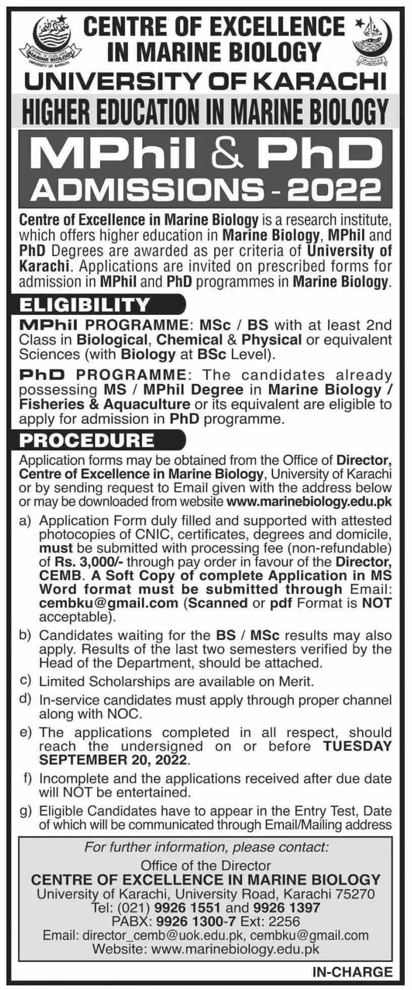 Admission in University of Karachi Admissions 2022 — original advertisement
