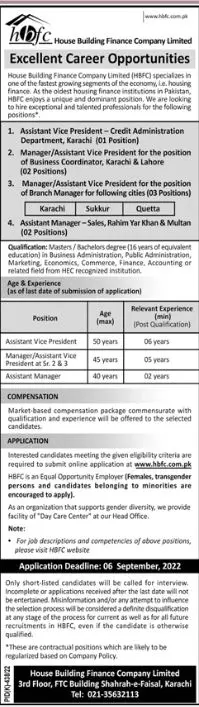 Jobs in House Building Finance Company HBFC – Private Company Jobs 2022 — original advertisement