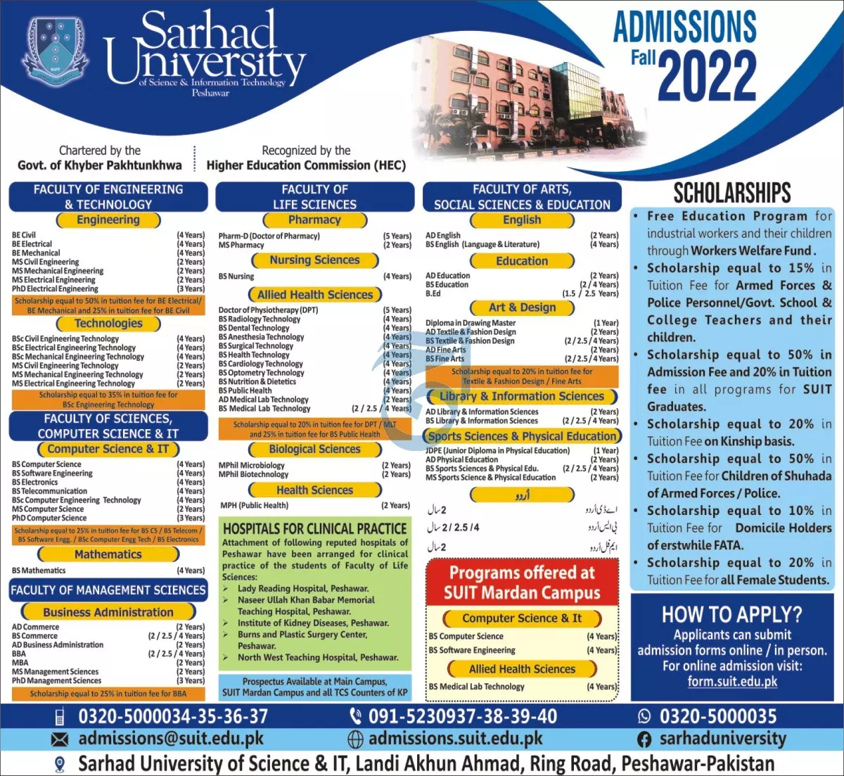 Admission in Sarhad University of Science & Information – Sarhad University of Science and Information Technology Peshawar Admissions 2022 — original advertisement