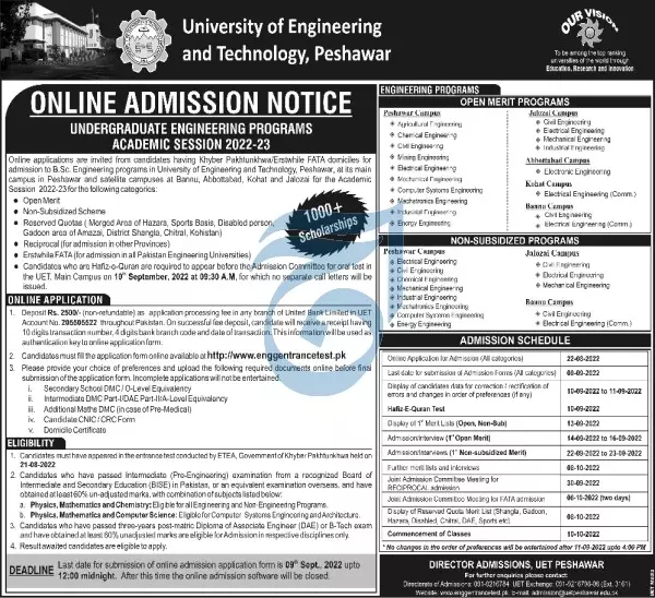 Admission in University of Engineering and technology – University of Engineering and Technology Peshawar Admissions 2022 — original advertisement