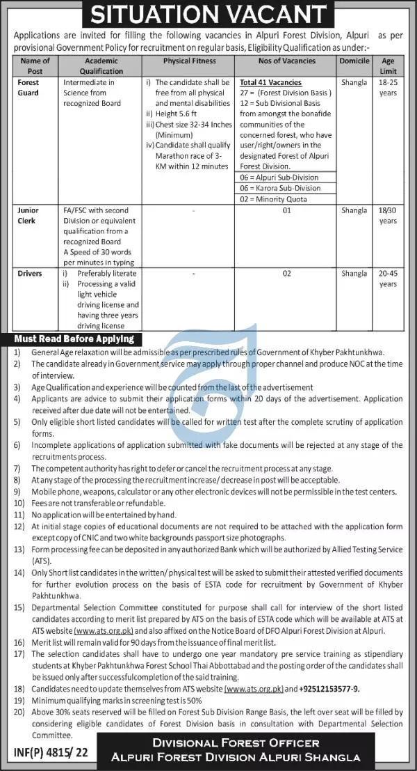 Jobs in Ali Pur Forest Division Shangla Kpk 2022 – Forestry, Environment & WildLife Department KPK Jobs 2022 — original advertisement