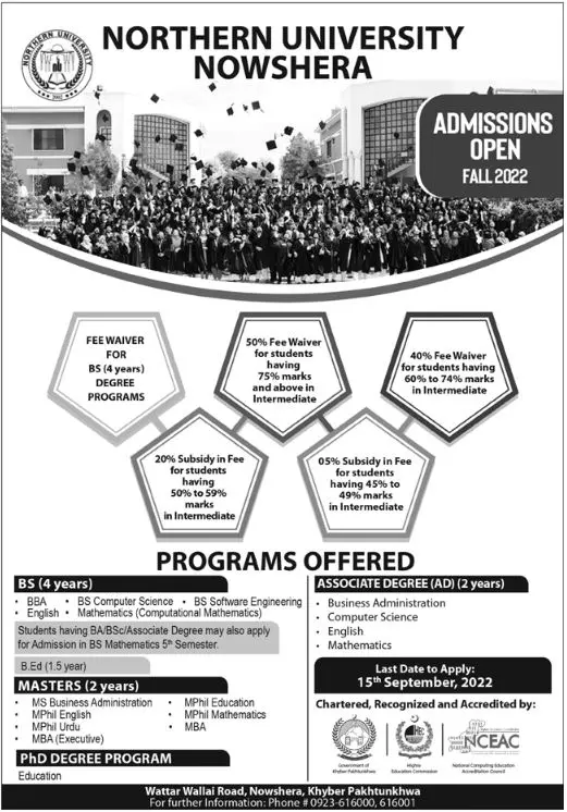 Admission in Nothern University Nowshera – Northern University Nowshera Admissions 2022 — original advertisement