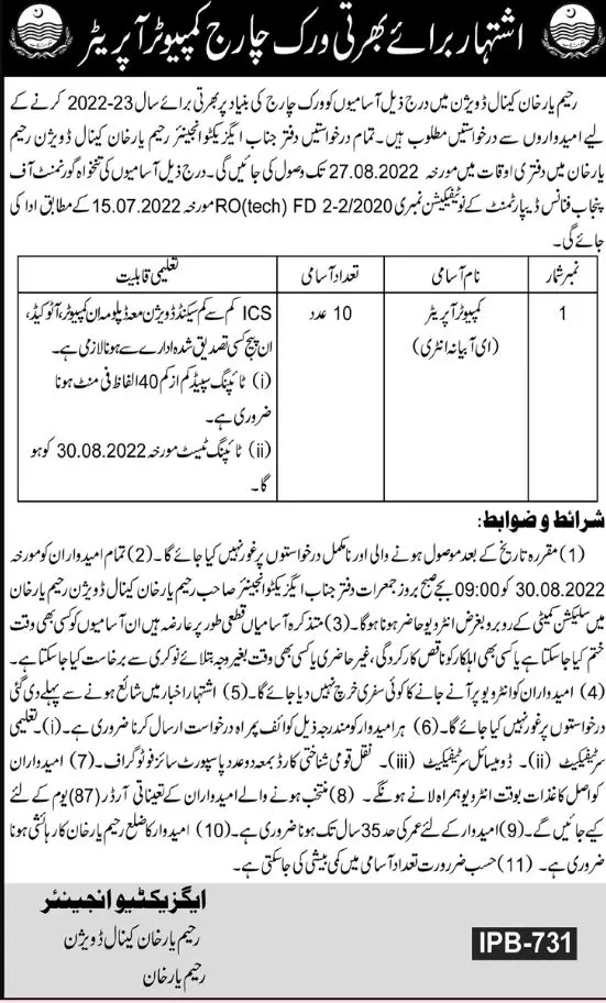 Jobs in Irrigation Department Rahim Yar Khan 2022 – Irrigation Department Punjab Jobs 2022 — original advertisement