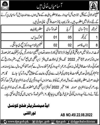 Jobs in District Council Loralai 2022 – Local Government and Rural Development Department Balochistan Jobs 2022 — original advertisement