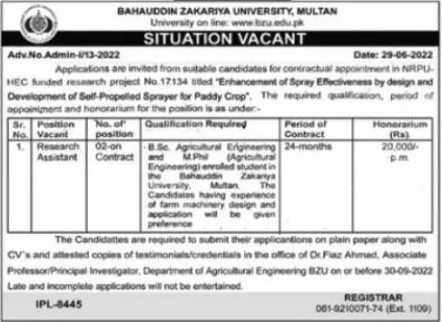 Bahauddin Zakariya University Multan BZU Jobs 2022 Jobs 2022 — original advertisement