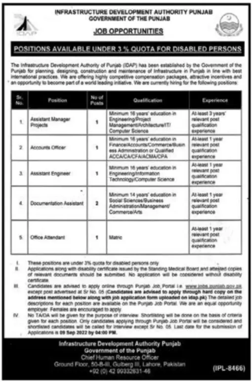 Jobs in Infrastructure Development Authority Punjab Jobs 2022 — original advertisement