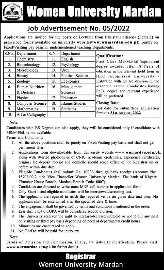 Jobs in Women University Mardan 2022 – Women University Mardan Kpk Jobs 2022 — original advertisement