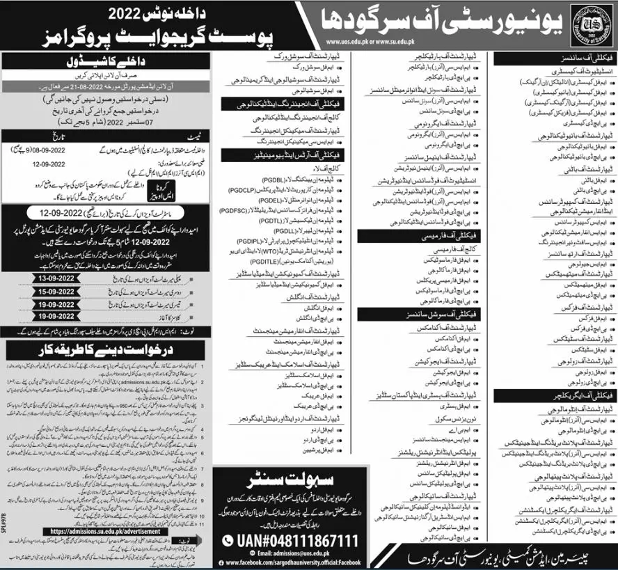 Admission in University of Sargodha Punjab Admissions 2022 — original advertisement