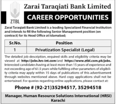 Jobs in Zarai Taraqiati Bank Limited Jobs 2022 — original advertisement