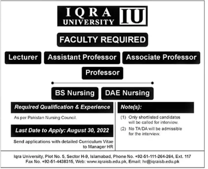 Jobs in Iqra University Islamabad 2022 – Iqra University Islamabad Campus Jobs 2022 — original advertisement