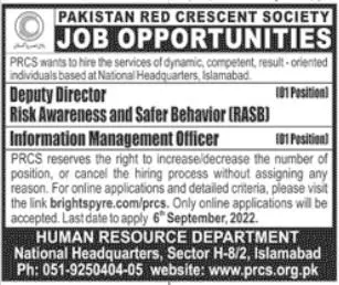 Jobs in Pakistan Red Crescent Society ( Prcs) Jobs 2022 — original advertisement