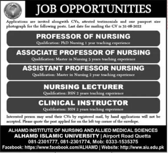 Jobs in Al Hamd Islamic University Quetta 2022 – Alhamd Islamic University Quetta Jobs 2022 — original advertisement