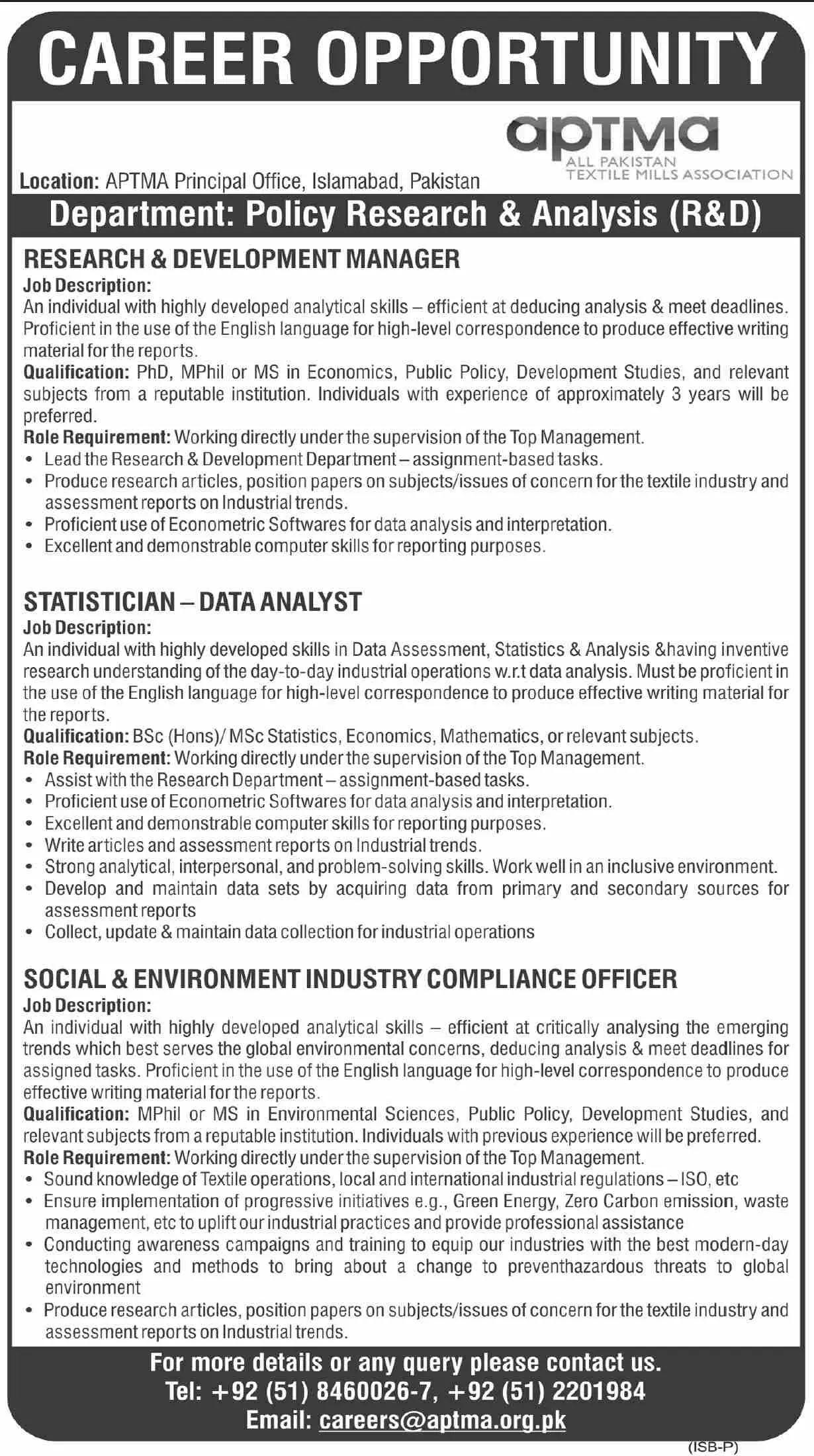 Jobs in All Pakistan Textile Mills Association APTMA Jobs 2022 — original advertisement