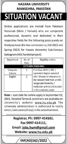 Jobs in Hazara University Mansehra Jobs 2022 — original advertisement