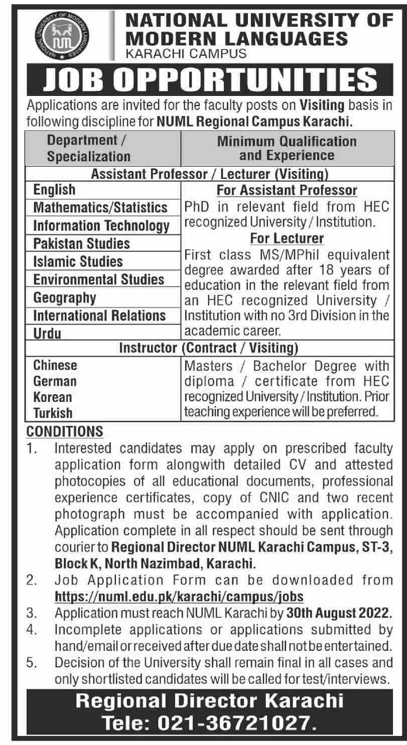 National University of Modern Languages Karachi Campus Jobs – National University of Modern Languages Islamabad Jobs 2022 — original advertisement