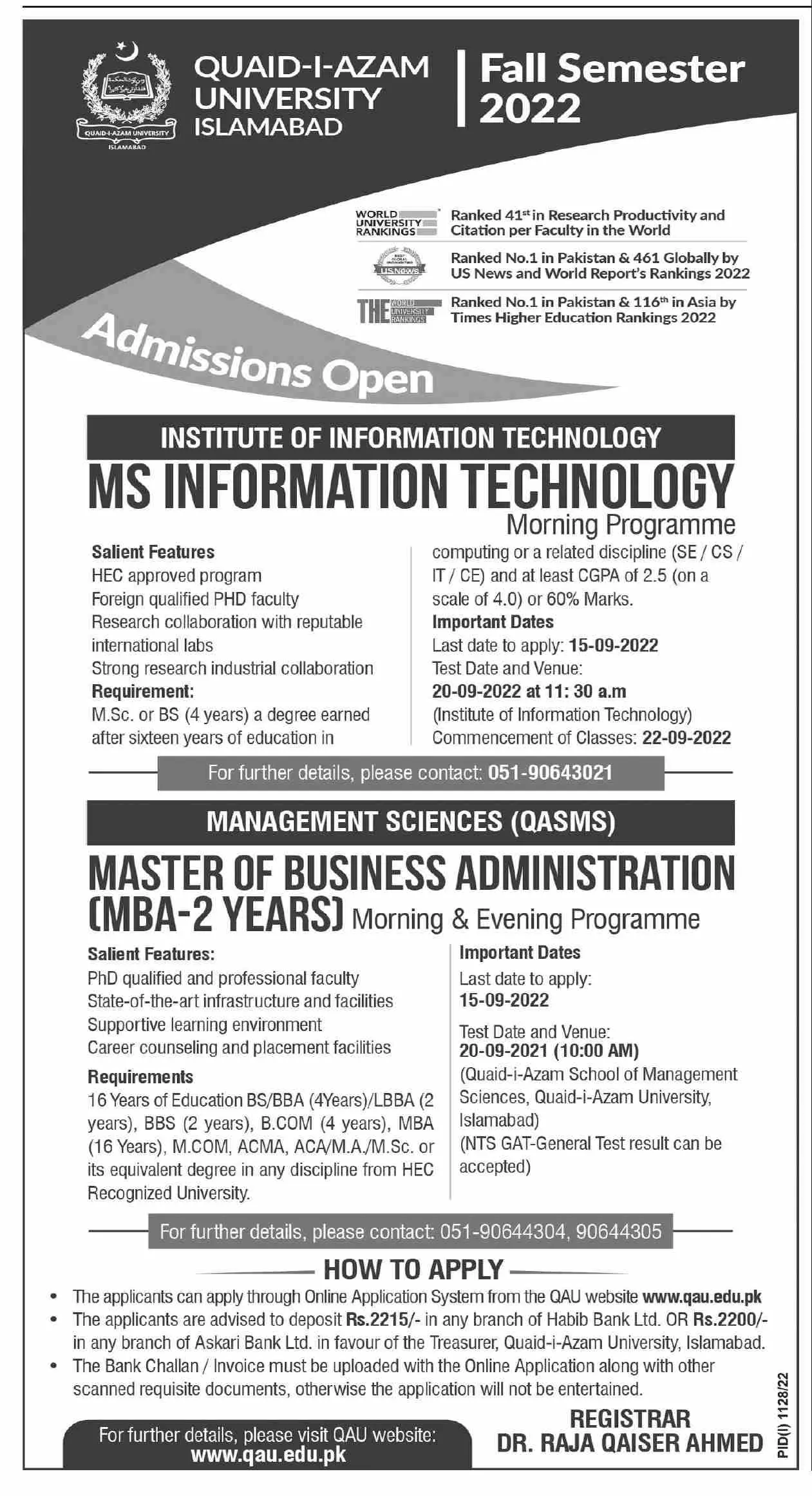 Admission in Quaid -Azam University Islamabad – Quaid-i-Azam University Islamabad Admissions 2022 — original advertisement
