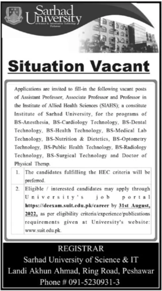 Jobs in Sarhad University of Science and IT SUIT 2022 – Sarhad University of Science and Information Technology Peshawar Jobs 2022 — original advertisement