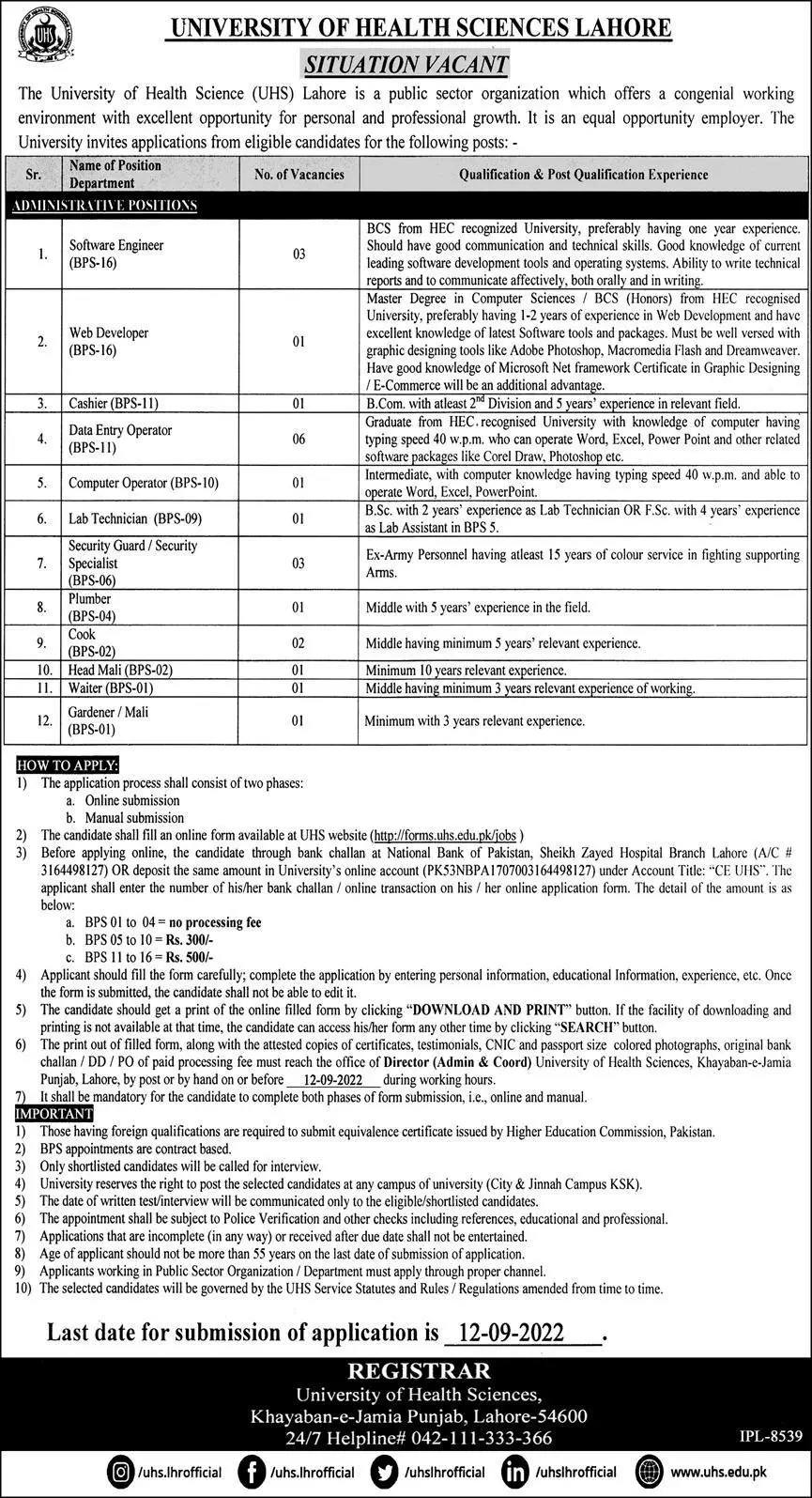 Jobs in University of Health Sciences UHS Lahore 2022 – University of Health Sciences Lahore Jobs 2022 — original advertisement