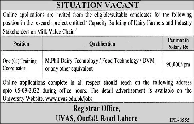 Jobs in University of Veterinary and Animal Sciences Lahore Jobs 2022 — original advertisement