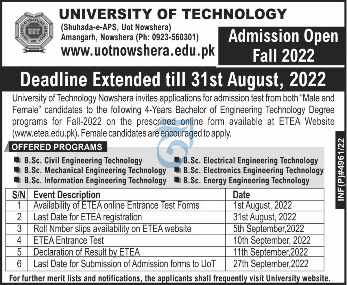 Admission in University of Nowshera – University of Technology, Nowshera Admissions 2022 — original advertisement