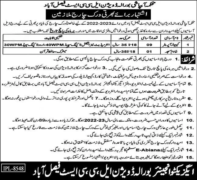 Jobs in Irrigation Department Punjab Faisalabad Jobs 2022 — original advertisement