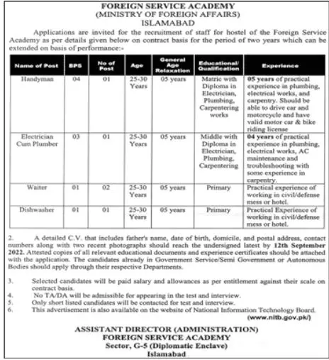 Jobs in Ministry of Foreign Affairs MOFA Islamabad – Ministry of Foreign Affairs (MOFA) Pakistan Jobs 2022 — original advertisement