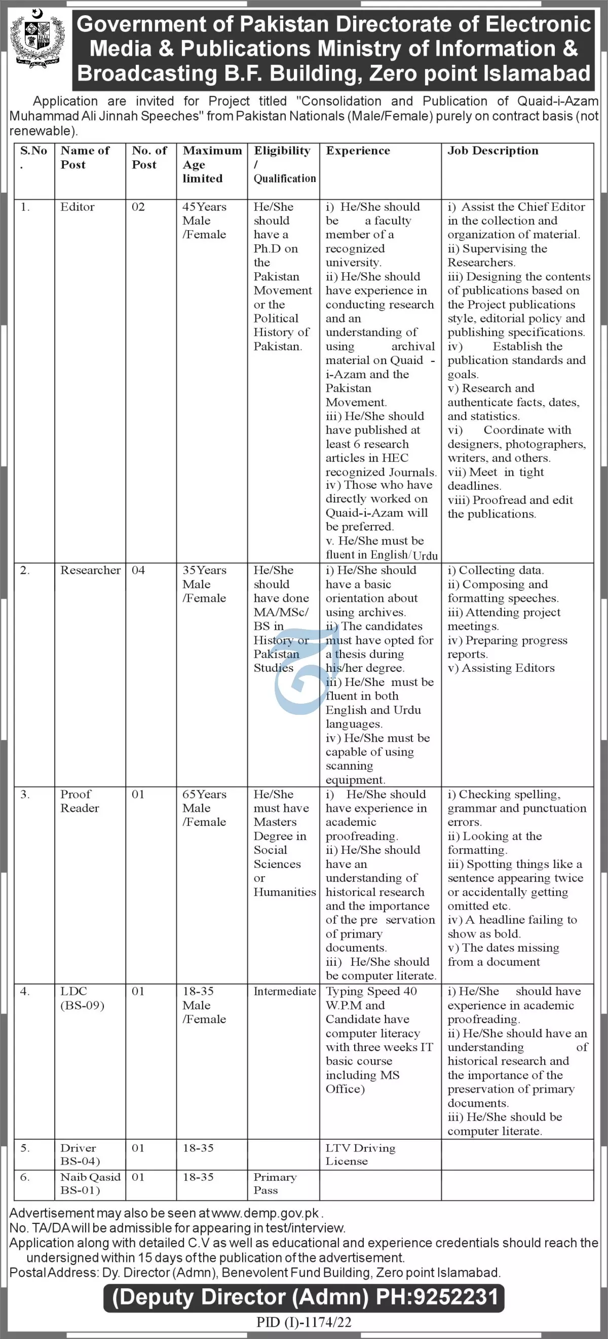 Jobs in Ministry of Information and Broadcasting Islamabad – Ministry of Information & Broadcasting Pakistan Jobs 2022 — original advertisement