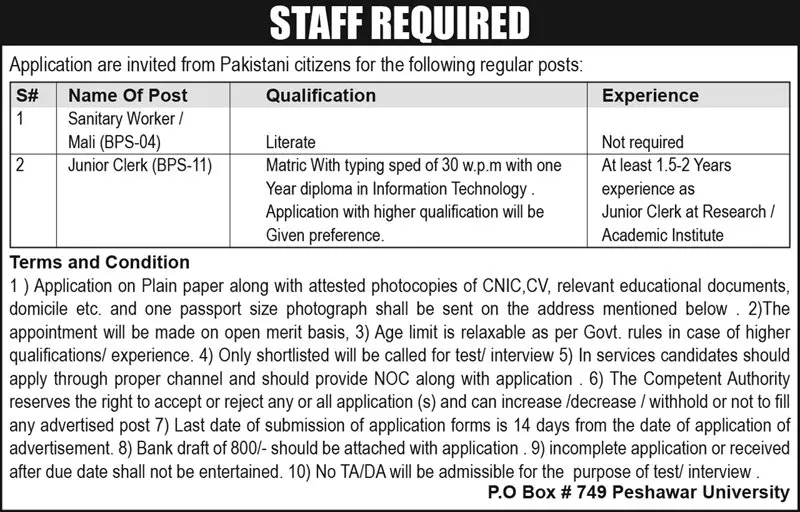 Jobs in Pakistani Citizens Peshawar 2022 Jobs 2022 — original advertisement