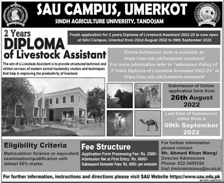 Admission in Sindh Agriculture University Tandojam Admissions 2022 — original advertisement