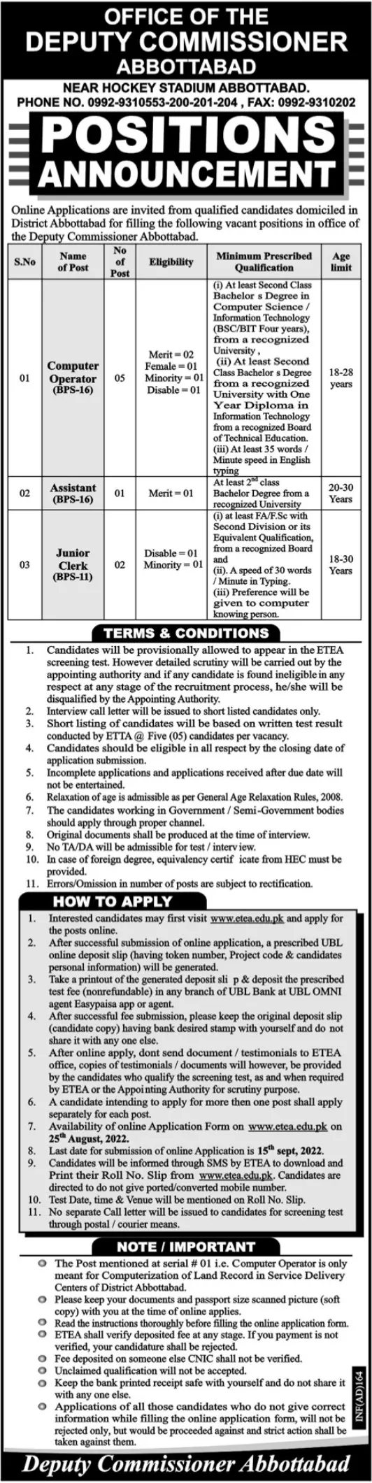Deputy Commissioner Office Abbottabad Jobs 2022 – Deputy Commissioner Abbottabbad Jobs 2022 — original advertisement