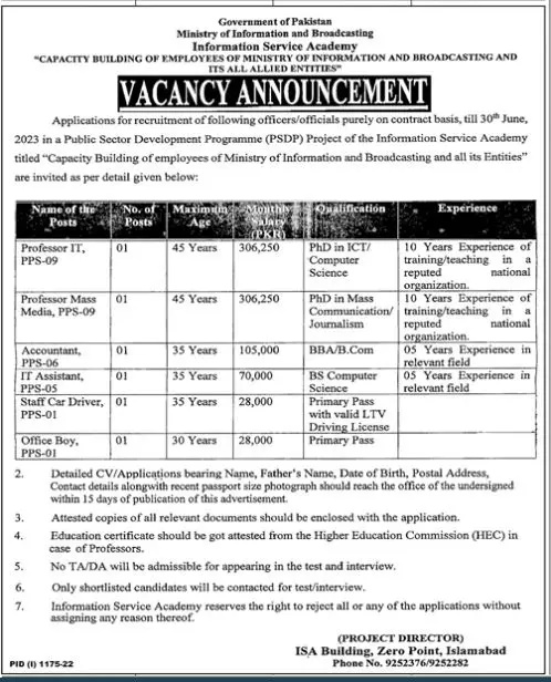 Ministry of Information and Broadcasting Jobs 2022 – Ministry of Information & Broadcasting Pakistan Jobs 2022 — original advertisement