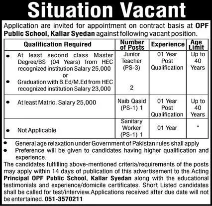 OPF Public School Kallar Syedan Jobs 2022 Jobs 2022 — original advertisement