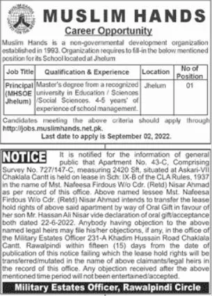 Jobs in Muslim Hands Rawalpindi Jobs 2022 — original advertisement