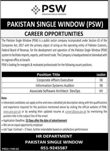 Jobs in Pakistan Single Window PSW 2022 Jobs 2022 — original advertisement