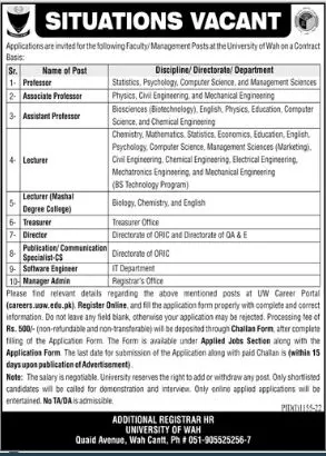 Jobs in University of Wah 2022 – University of Wah Wah Cantt Jobs 2022 — original advertisement