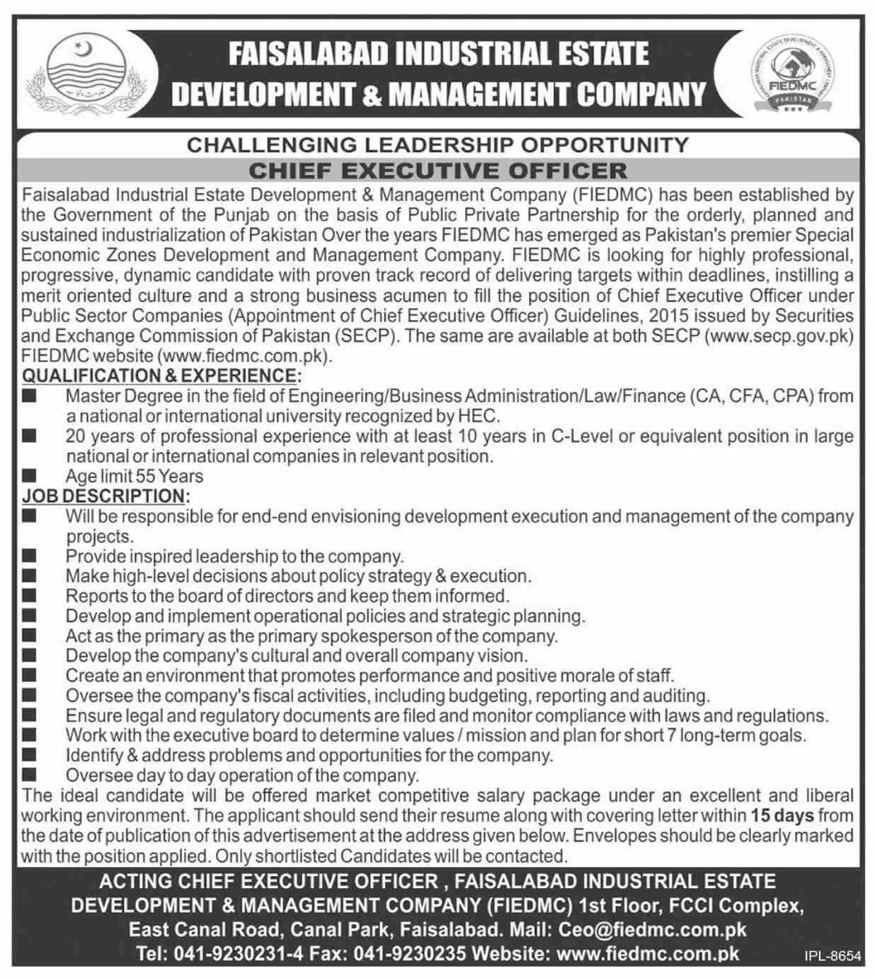 Faisalabad Industrial Estate Development & Management Jobs – Private Company Jobs 2022 — original advertisement