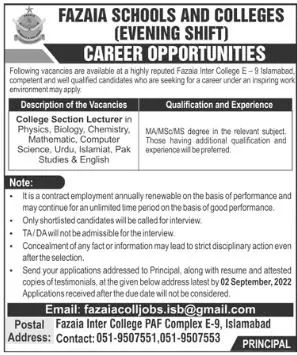Jobs in Fazaia School And College Islamabad – Fazaia Schools & Colleges Jobs 2022 — original advertisement