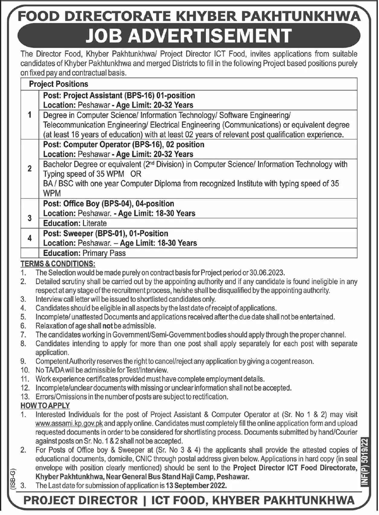 Jobs in Food Department Khyber Pakhtunkhwa – Food Department KPK Jobs 2022 — original advertisement
