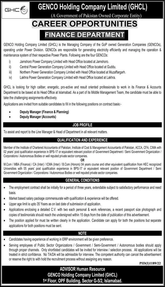 Genco Holding Company Limited ( GHCL) Islamabad Jobs 2022 – Genco Holding Company Limited (GHCL) Jobs 2022 — original advertisement
