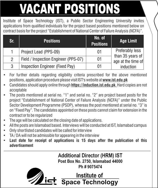 Institute of Space Technology Islamabad Jobs – Institute of Space Technology ITS Islamabad Jobs 2022 — original advertisement