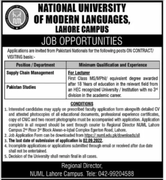 National University of Modern Of Languages Lahore Campus Job – National University of Modern Languages Islamabad Jobs 2022 — original advertisement